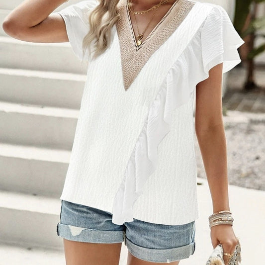 Ladies' V-neck Patchwork Collar, Black Fungus Edge, Cuff Details T-shirt