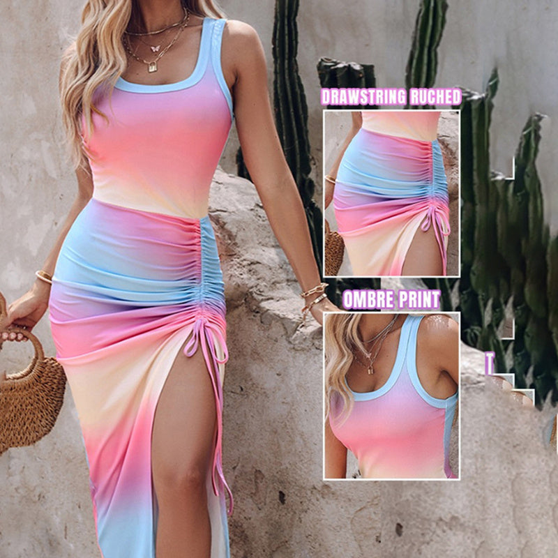 Women's Summer Sleeveless Side Split Drawstring Bodycon Tank Dress