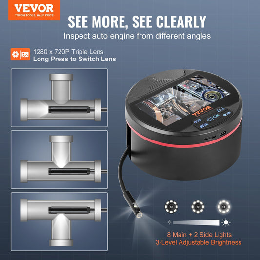 VEVOR Borescope Triple Lens Endoscope Camera With 4.3 IPS Screen 8  2 Lights