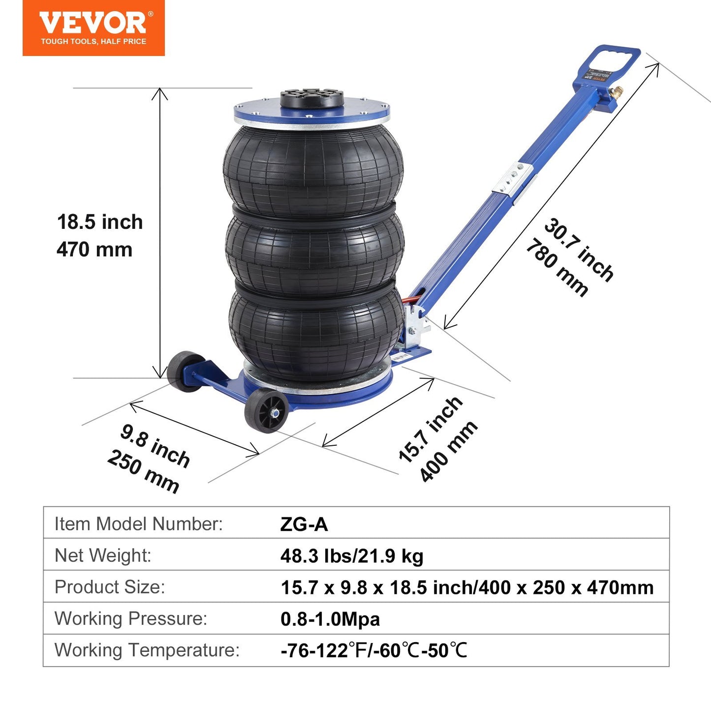 VEVOR Air Jack, 5 Ton 11000 Lbs Triple Bag Air Jack, Airbag Jack With Six Steel Pipes, Lift Up To 18.5 Inch 470 Mm, 3-5 S Fast Lifting Pneumatic Jack, With Adjustable Handle For Car, Garage, Repair
