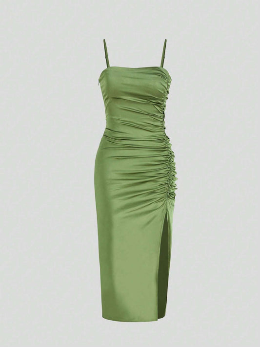 Solid Color Bodycon Slit Cami Dress