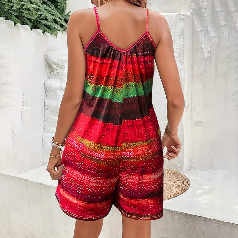 Summer Casual Print Sleeveless Rompers Loose Spaghetti Strap Shorts Jumpsuit