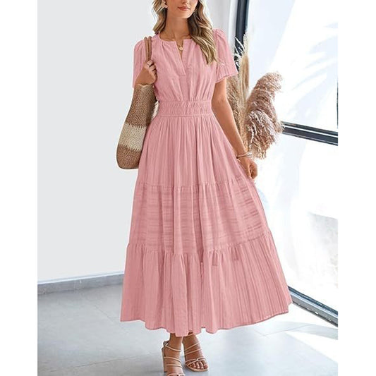 Summer Short Sleeve V Neck Swing Dress Flowy Pleated Tiered Maxi Beach Sundress