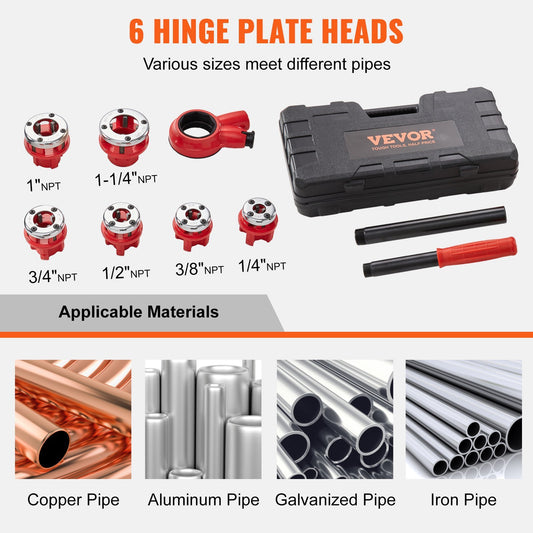 VEVOR Ratchet Pipe Threader Kit,  Manual Ratcheting Pipe Threader, Portable Pipe Threading Tool Set With 6PCS NPT Dies, Storage Case For Galvanized Aluminum Iron Copper Pipes