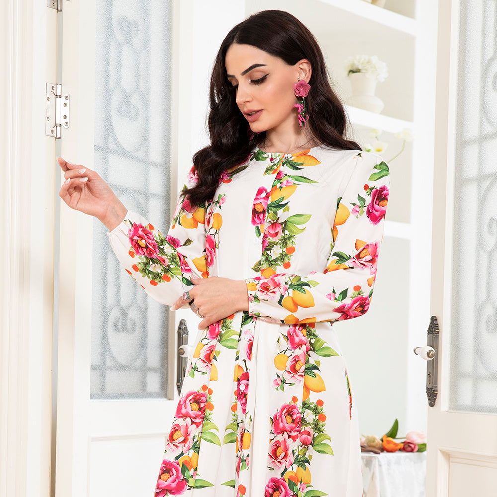 Elegant Style Round Neck Flowers Plant Buttons Puff Sleeve Long Dress