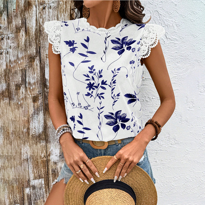Women's Summer Geometric Leaf Print Tops Lace Cap Sleeve Crew Neck Shirt