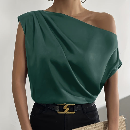 Ladies' Solid Color Asymmetrical Collar Pleated Elegant Casual Sloping Shoulder Top
