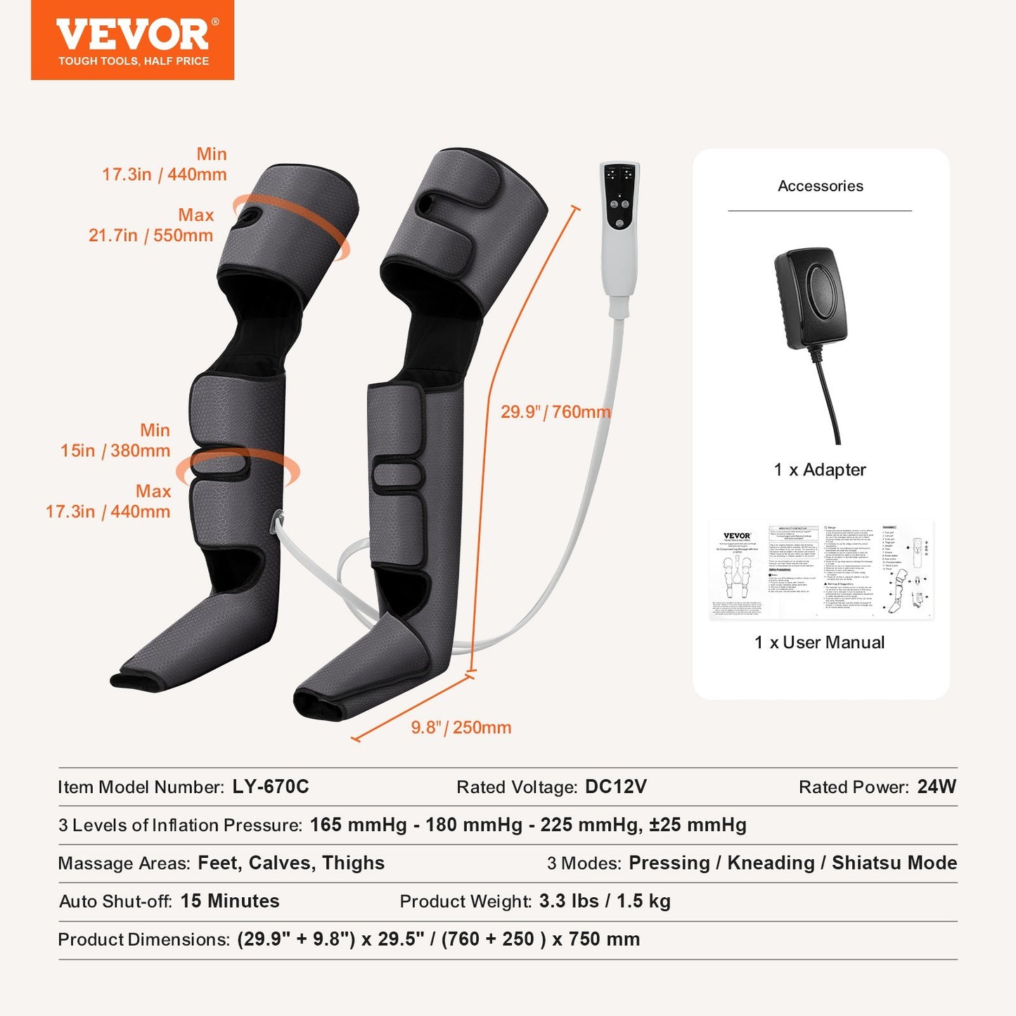 VEVOR Full Leg Massager, Air Compression Leg Massager For Foot Calf Thigh Knee, 3 Modes & 3 Intensities, Leg Compression Massage Boots For Circulation, Relaxation, Pain Relief - Great Gift For Mom Dad
