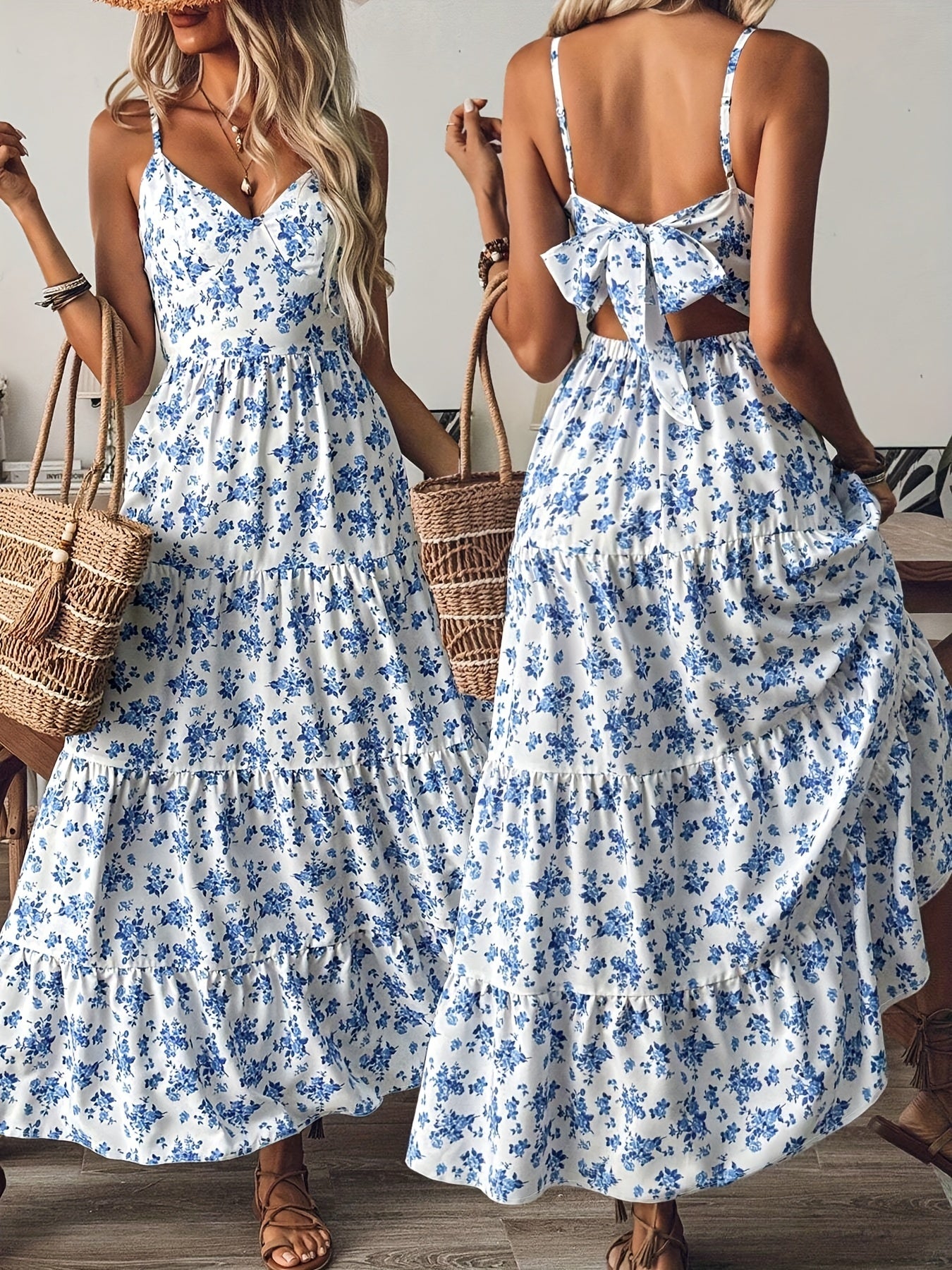 Women's Summer V-Neck Floral Print Strappy Dress Backless Bowknot Flowy Maxi