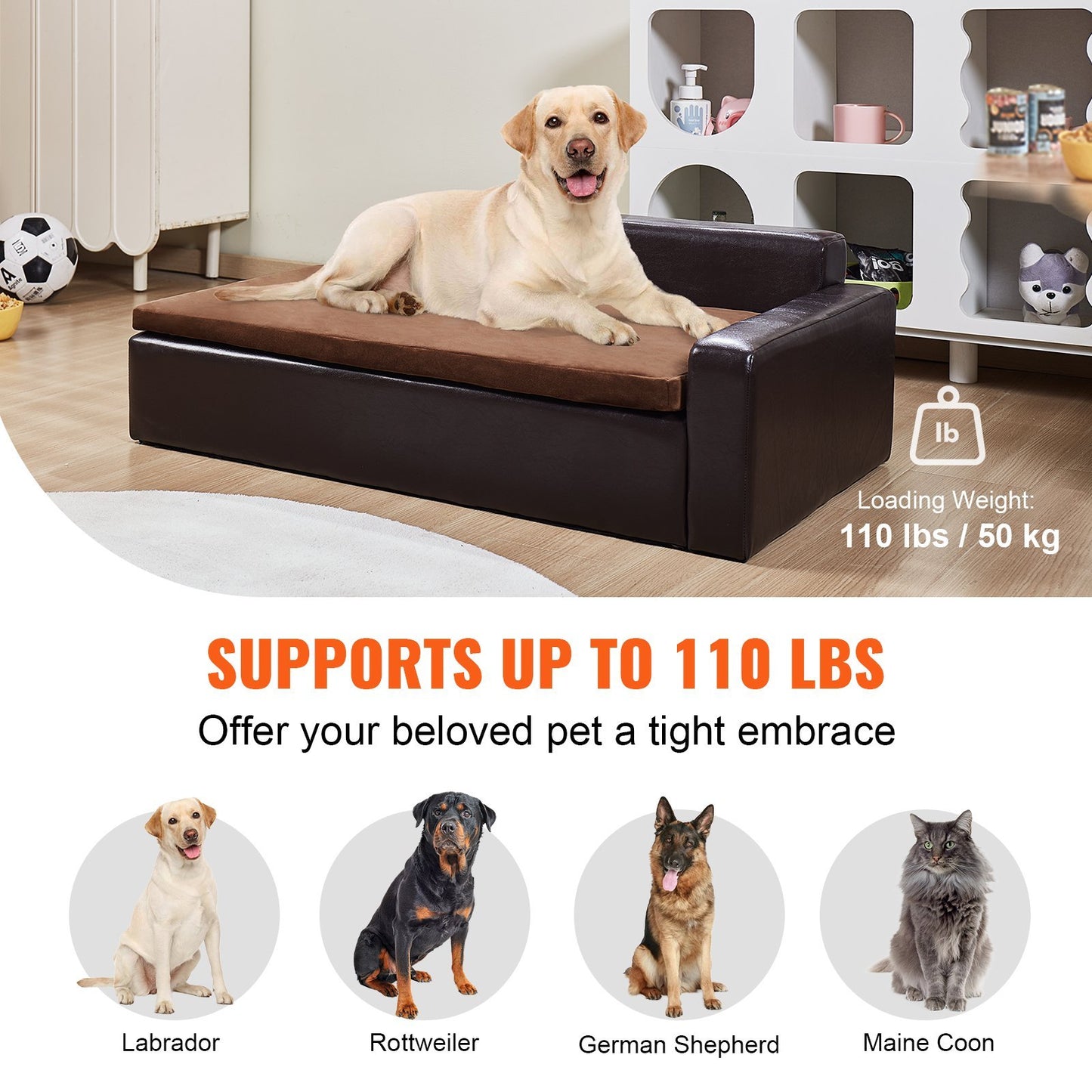 VEVOR Pet Sofa, Dog Couch For Large-Sized Dogs And Cats, Soft Leather Dog Sofa Bed, 110 Lbs Loading Cat Sofa, Black