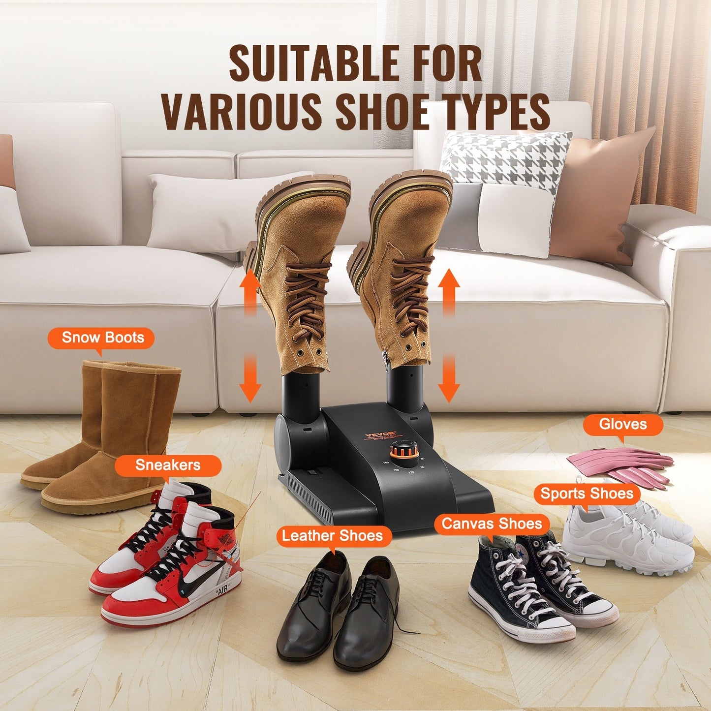 VEVOR Foldable 2 Tube Shoe Dryer Boot Dryer With Heat Blower Black & Orange,Ultra Silent, Quick Drying For Work Boots, Ski Boots, Sneakers, Gloves, Hats, Helmets