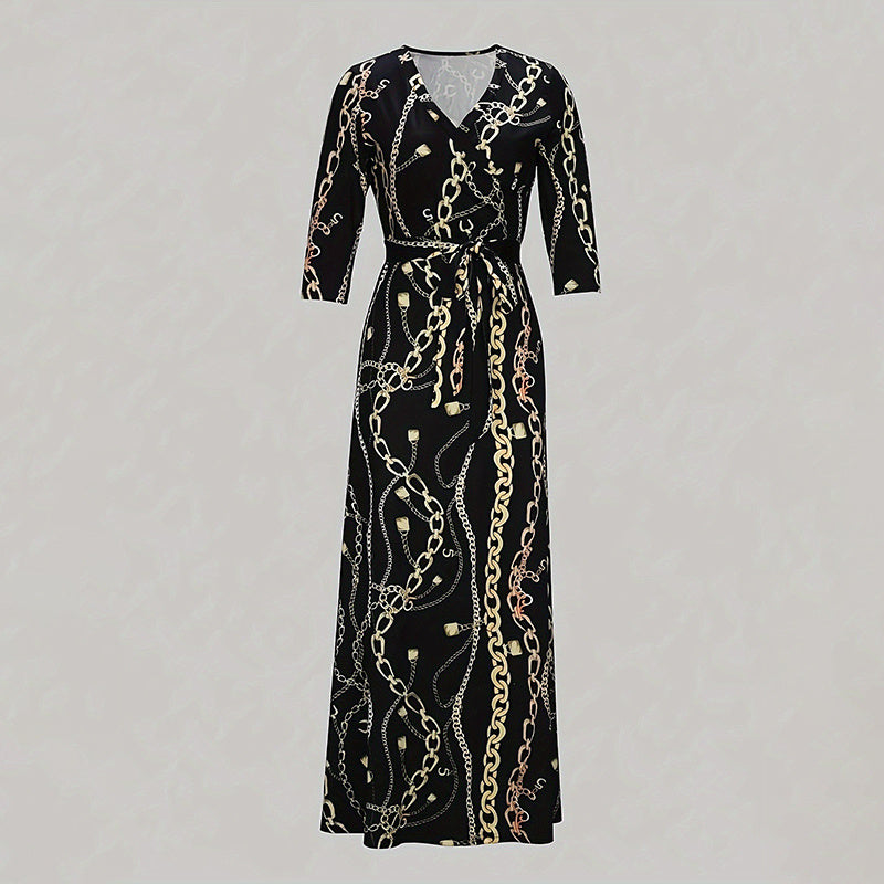 Women's V-Neck Elegant Half-Sleeve Belted Waist Print Maxi Dress