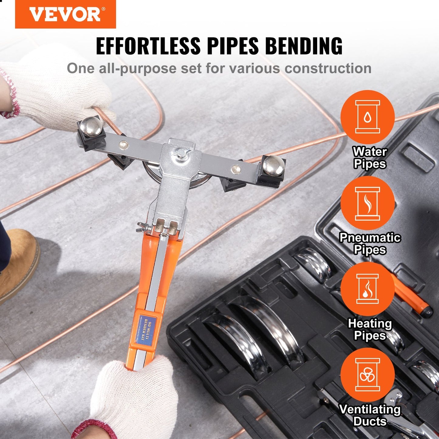 VEVOR Pipe Tube Bender, O.D. Ratcheting Tubing Bender, 90 Forward Reverse Pipes Bending Tools With 7 Dies And Pipe Cutter For HVAC Air Conditioning Refrigerator Repair