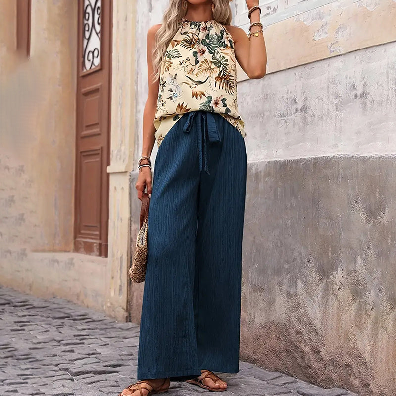 Women's 2 Piece Outfits Casual Sleeveless Halter Neck Crop Top Wide Leg Pants Set