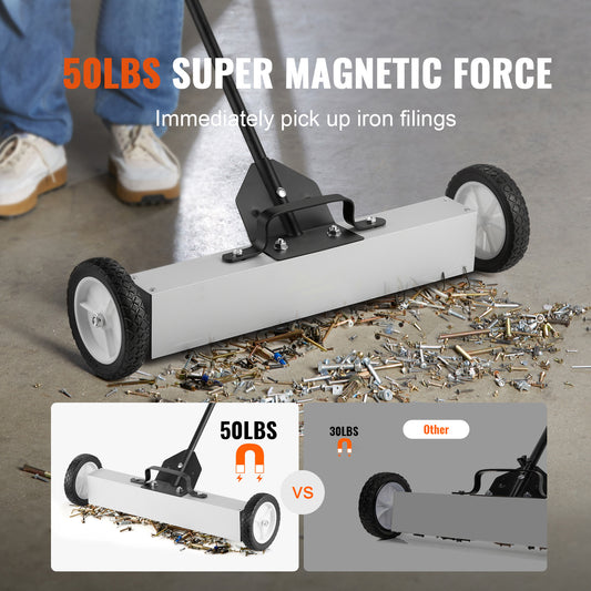 VEVOR 50Lbs Rolling Magnetic Sweeper With Wheels, Push-Type Magnetic Pick Up Sweeper, 24-inch Large Magnet Pickup Lawn Sweeper With Telescoping Handle, Easy Cleanup Of Workshop Garage Yard