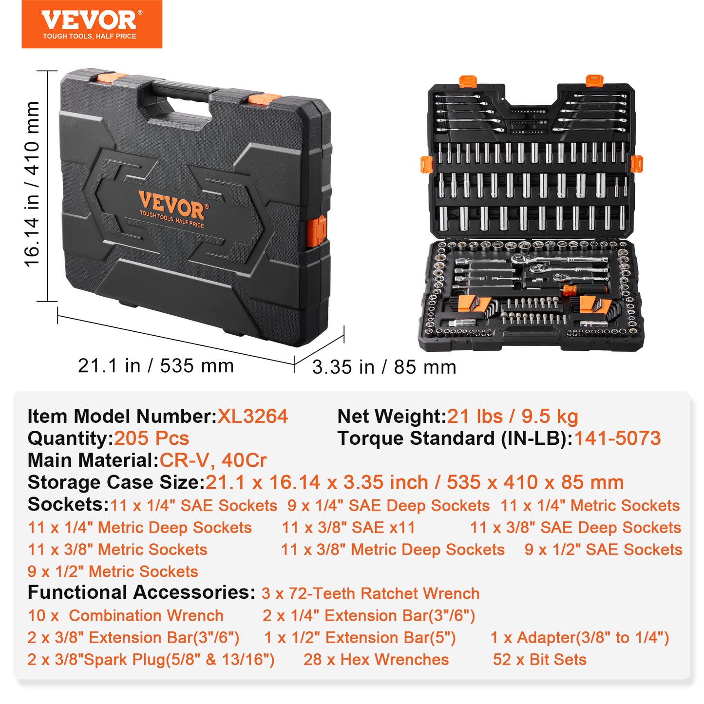 VEVOR Mechanics Tool Set And Socket Set,  Drive Deep And Standard Sockets, 205 Pcs SAE And Metric Mechanic Tool Kit With Bits, Combination Wrench, Hex Wrenches, Accessories, Storage Case