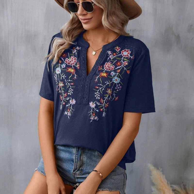 Women's Elegant V-Neck Floral Embroidery Lace Trim Short Sleeve Blouse Casual Top