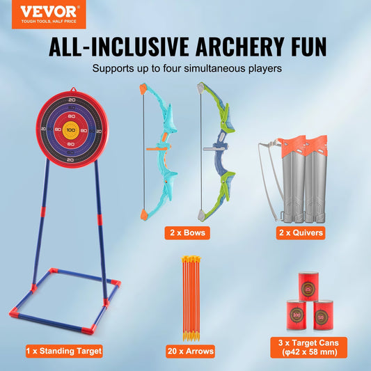 VEVOR Bow And Arrow Set For Kids, 2 Pack LED Light Up Archery Set With 20 Suction Cup Arrows, Standing Target, 2 Quivers, 3 Target Cans, Outdoor Toy Birthday Gift For Boys & Girls 6 7 8 9 10 Year Old