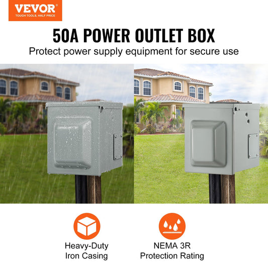 VEVOR 50 Amp RV Power Outlet Box, 125 250 Volt, Enclosed Lockable Outdoor RV Receptacle Box, NEMA 14-50R Weatherproof Electrical Panel, For RV Camper Trailer Motorhome Tested To UL Standards