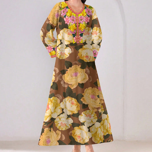 Women's Vibrant Floral Print V-Neck Long Sleeve Maxi Dress Elegant Bohemian A-Line Long