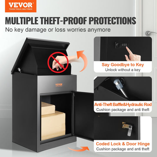 VEVOR Package Delivery Boxes For Outside, Extra Large Mailbox With Coded Lock, Galvanized Steel Wall Mounted Mailboxes , Anti-Theft Baffle, IPX3 Waterproof For Porch, Curbside