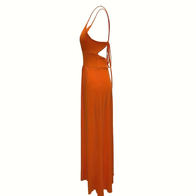 Deep V Neck Maxi Dress Spaghetti Strap Sleeveless Backless High Slit Long