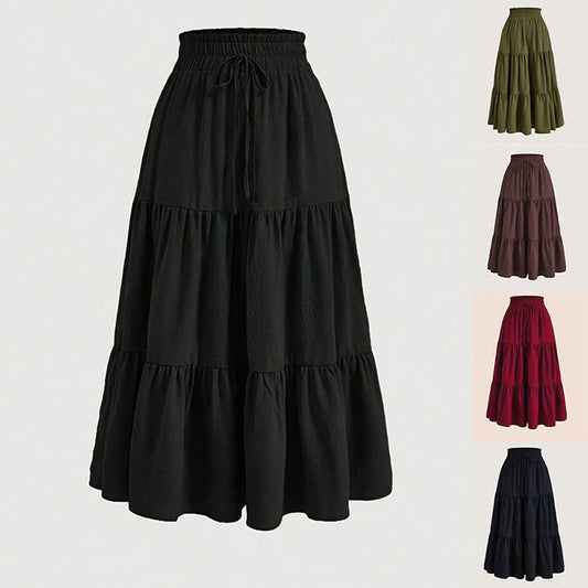Women's Solid Color High-Waist Knot Detail Flowy Pleated Midi Skirt - Elegant A-Line Skirt