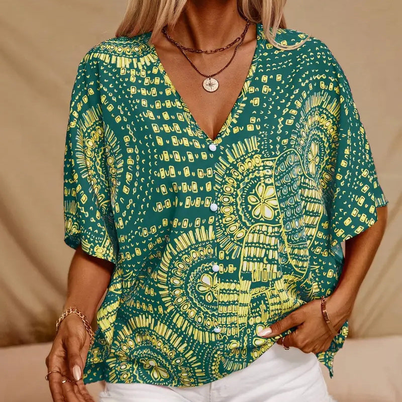 Women's V-Neck Mandala Print Blouse Short Batwing Sleeve Casual Vacation Top