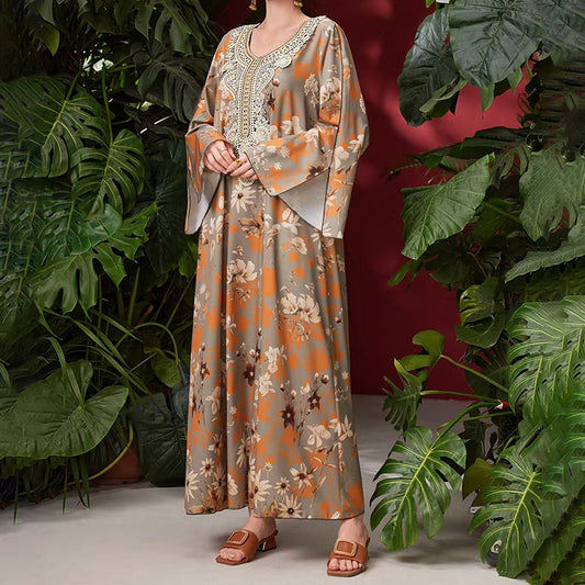 Women's Elegant Plus Size Floral Print Maxi Dress - Middle Eastern Bohemian Style Embroidery Long