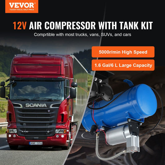 VEVOR 12V Air Compressor With Tank 1.6 Gallon 6 L, Train Horn Air Compressor, 120 Psi Working Pressure Onboard Air Compressor System For Train Air Horns, Inflating Tires, Air Mattresses