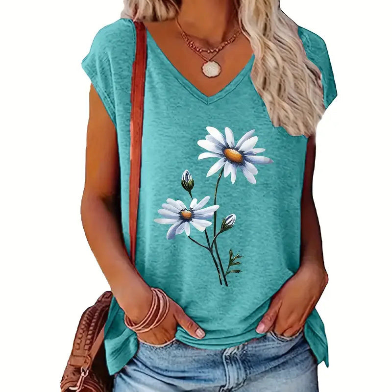 2-Pack Women's V-Neck Graphic Print Tees - Summer Casual Short Sleeve Tops