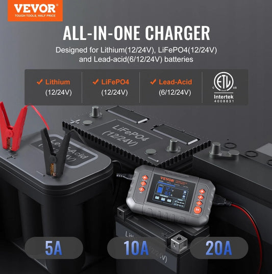 VEVOR Smart Battery Charger, 20-Amp, Lithium LiFePO4 Lead-Acid AGM Gel  SLA Car Battery Charger With LCD Display, Trickle Charger Maintainer Desulfator For Boat Motorcycle Lawn Mower Deep Cycle