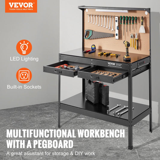 VEVOR Workbench A3 Steel Work Bench For Garage Max. 1500W Heavy Duty Workbench 220lbs Weight Capacity Bench Top Thickness Hardwood Workbench 1.5m Cable 4xAC Outlets 2xUSBPorts 30xHooks