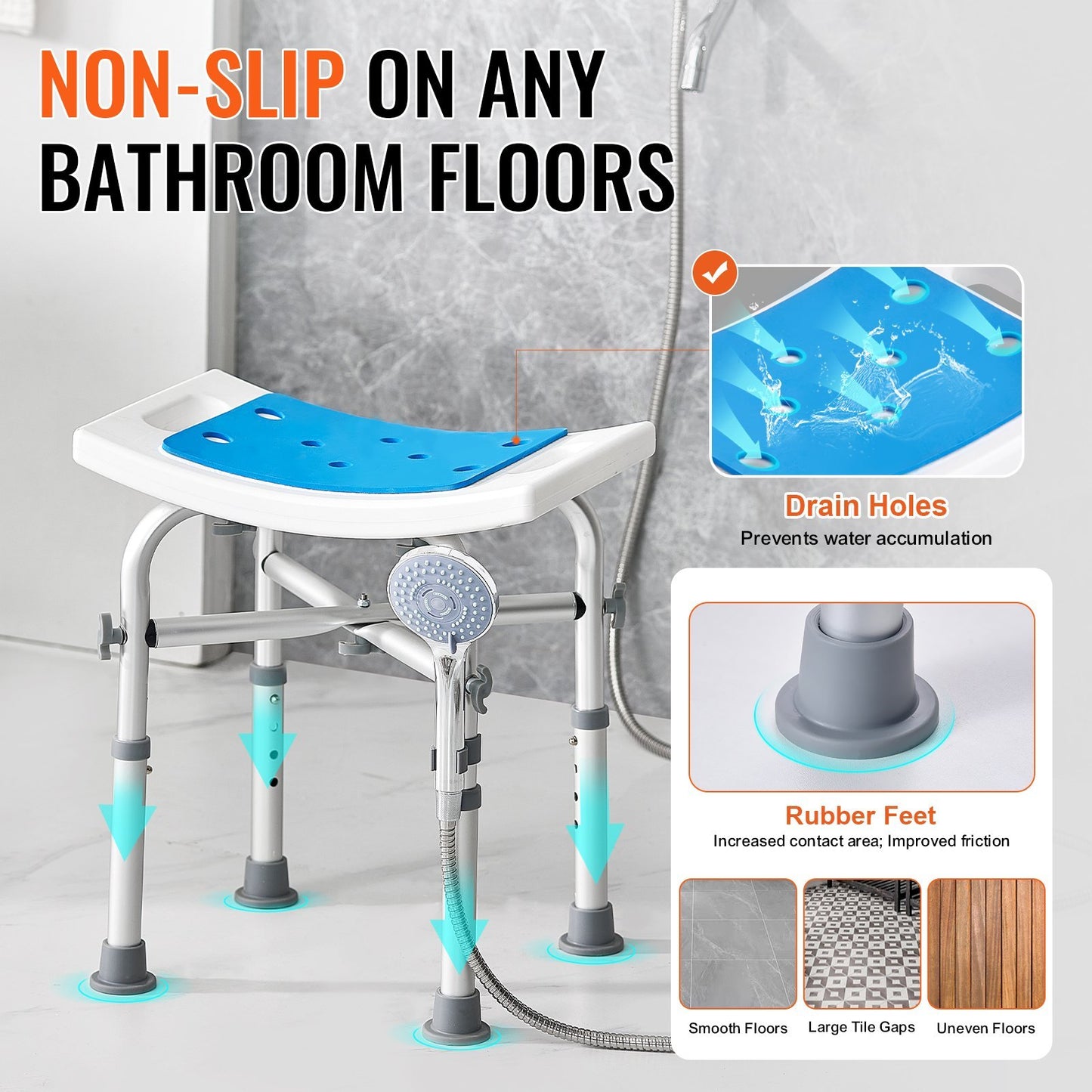 VEVOR Shower Chair For Inside Shower, Adjustable Height Shower Stool With Crossbar Support, Shower Seat For Shower Tub, Non-Slip Bench Bathtub Stool Seat For Elderly Disabled Adults Handicap, 500 Lbs