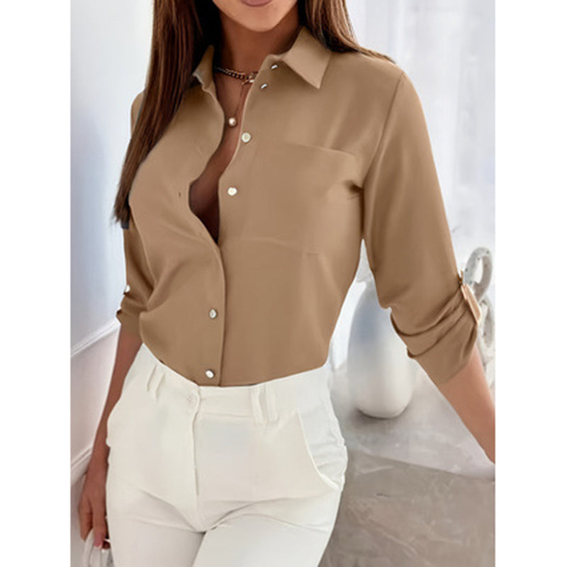 Button Down Shirts V Neck Rolled Up Long Sleeve Top Elegant Dressy Blouse