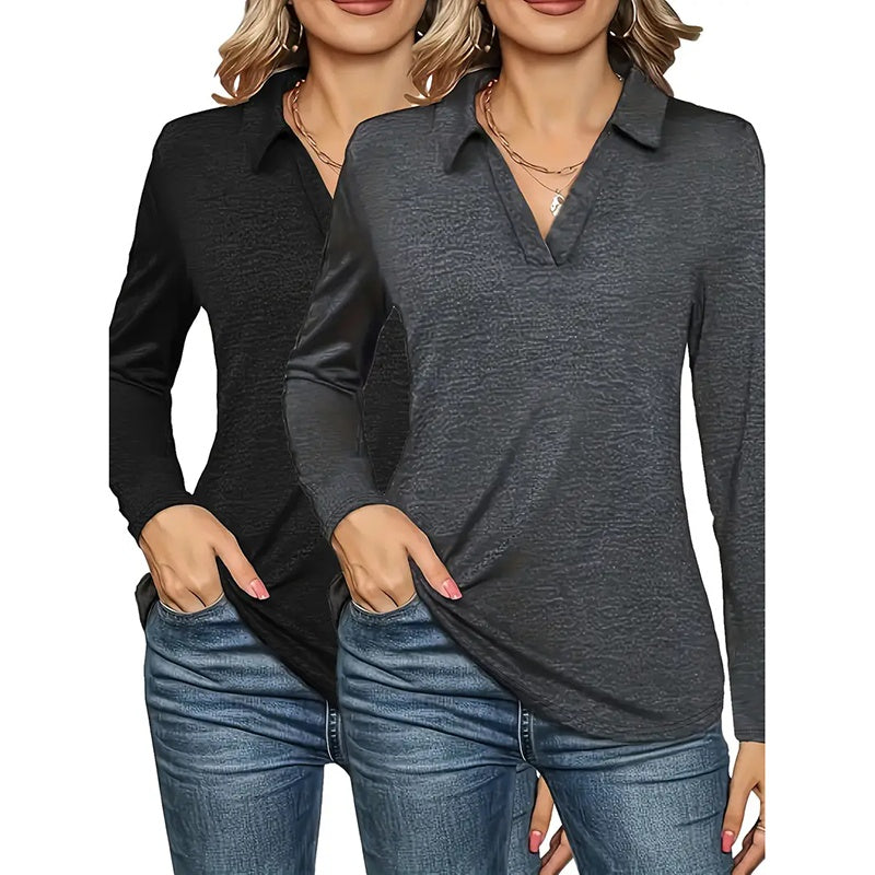 2 Packs Women's Polo Shirts Long Sleeve Business Casual Tops Collared V Neck Basic Tees