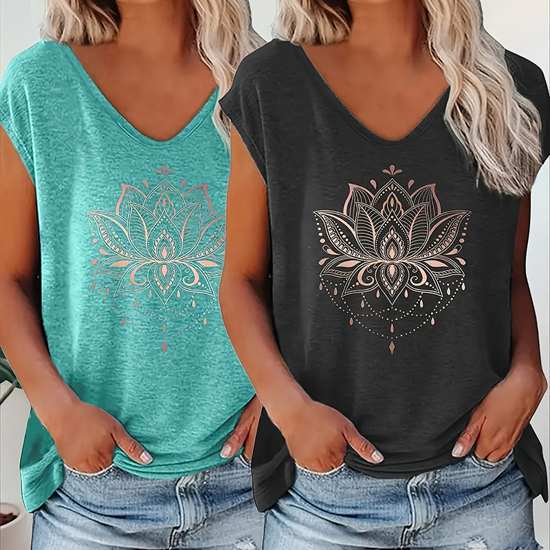 2-Pack Women's V-Neck Graphic Print Tees - Summer Casual Short Sleeve Tops