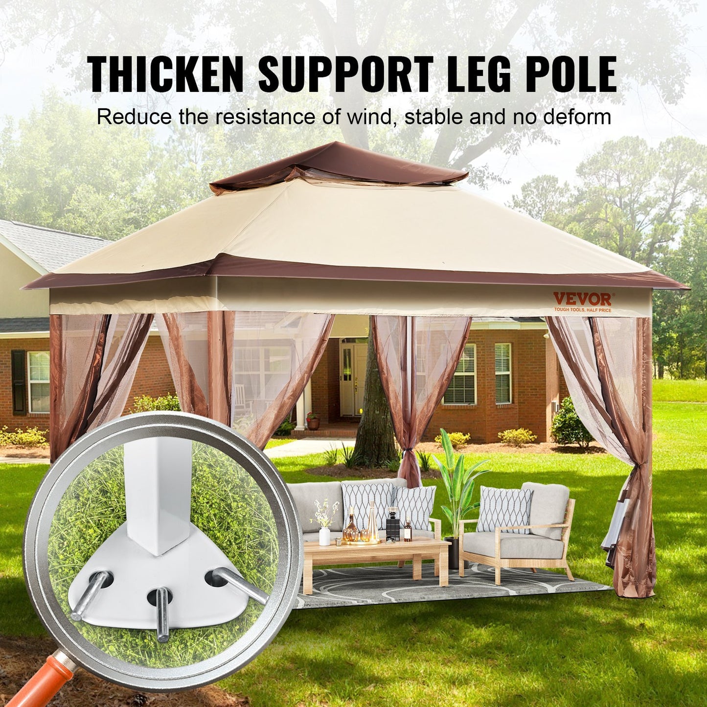 VEVOR Patio Gazebo, 11 X 11 FT Pop Up Gazebo For 8-10 Person, With Mosquito Netting, Metal Frame, And PU Coated 250D Oxford Cloth, Outdoor Canopy Shelter For Patio, Backyard, Lawn, Garden, Deck