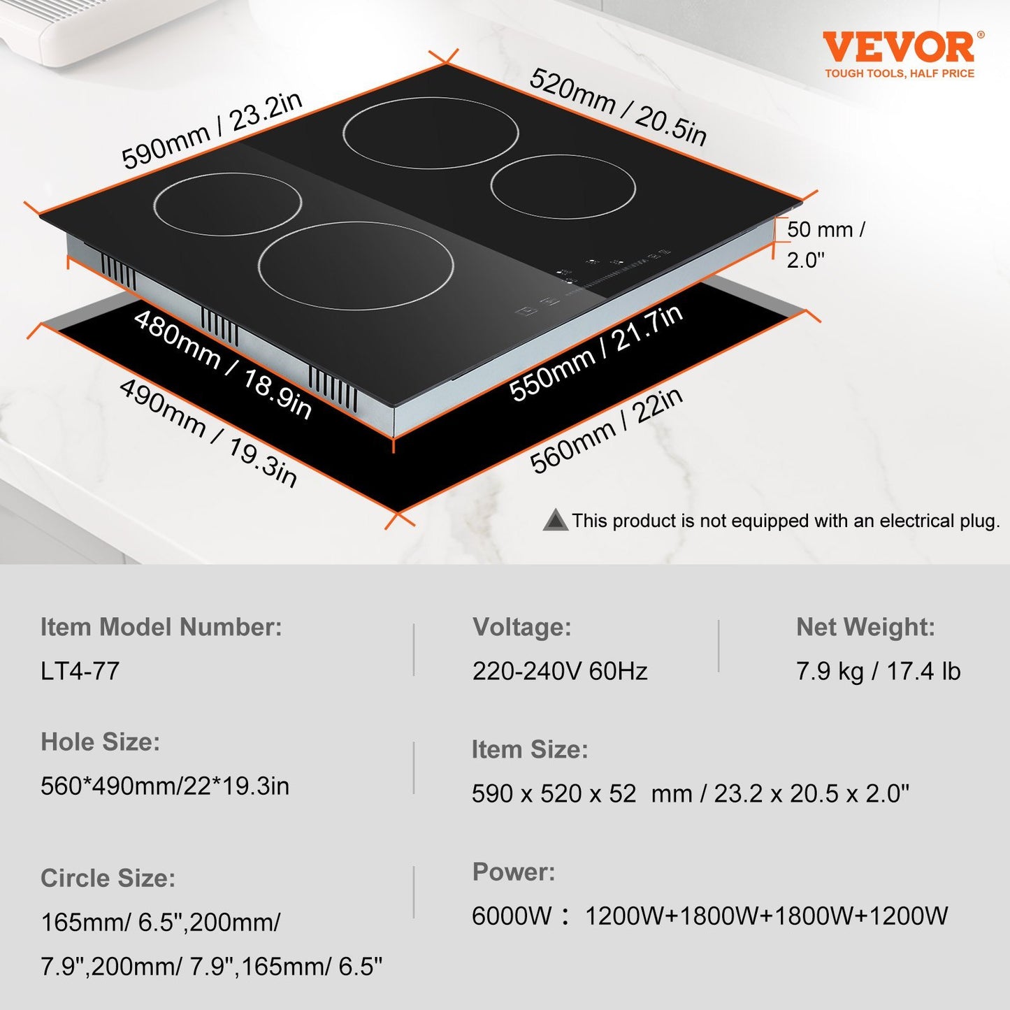 VEVOR Built In Electric Stove Top, 23.2 X 20.5 Inch 4 Burners, 240V Glass Radiant Cooktop With Sensor Touch Control, Timer & Child Lock Included, 9 Power Levels For Simmer Steam Slow Cook Fry