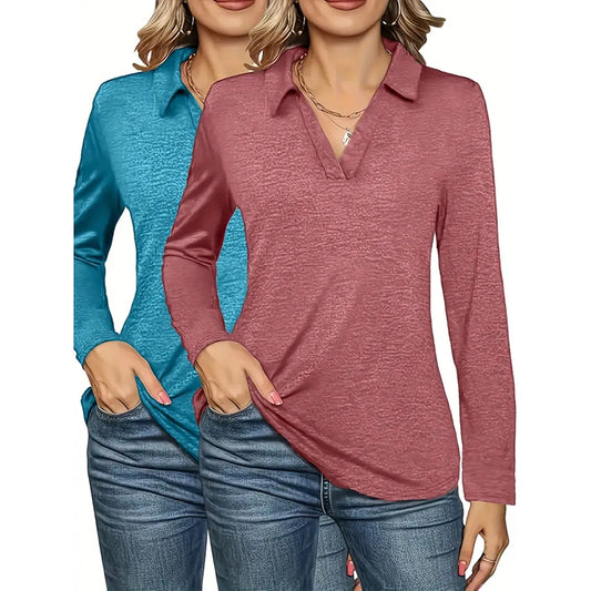2 Packs Women's Polo Shirts Long Sleeve Business Casual Tops Collared V Neck Basic Tees