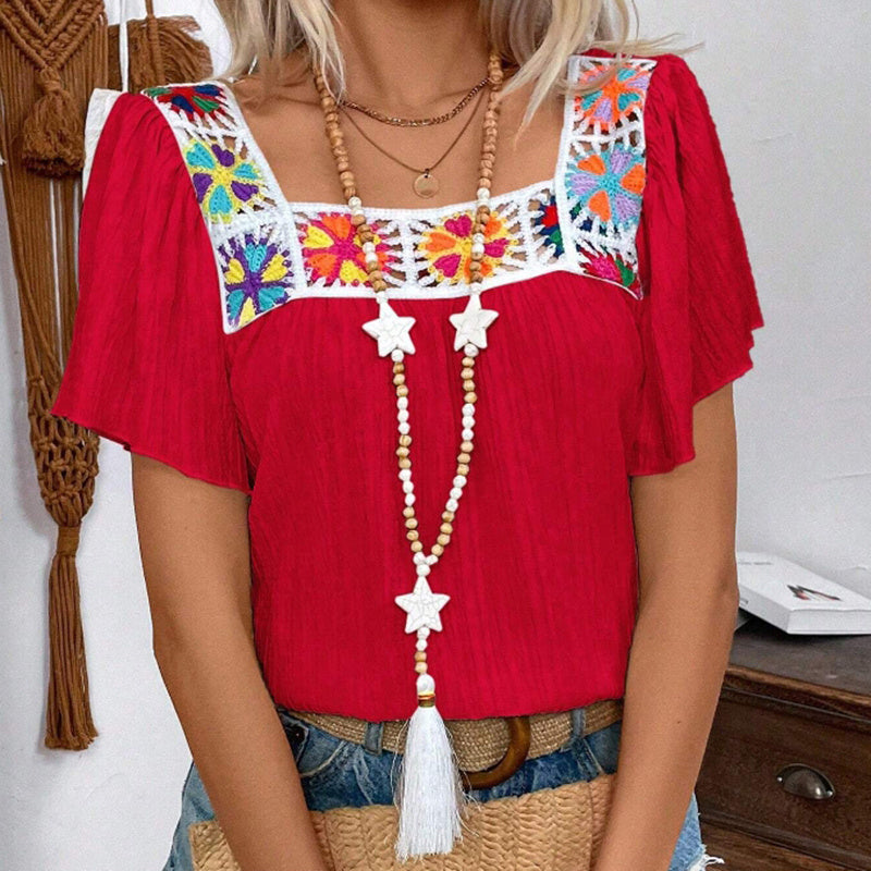 Women's Elegant Square Neck Crochet-Trimmed Geometric Floral Print Short Sleeve Shirt Casual Top