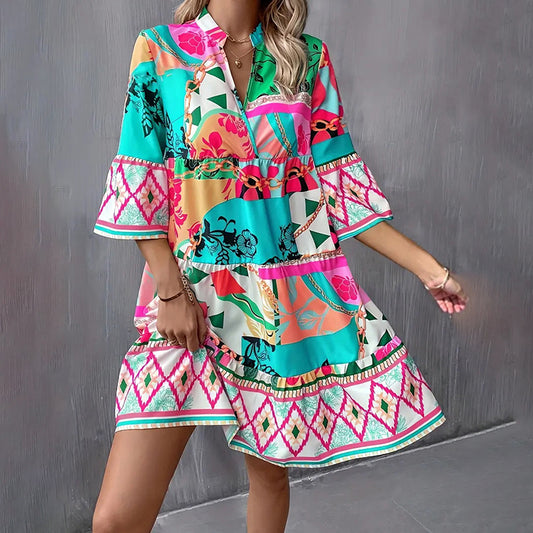 Mini Dress Casual V-Neck Printed Flared Sleeve Pleated Short Dress
