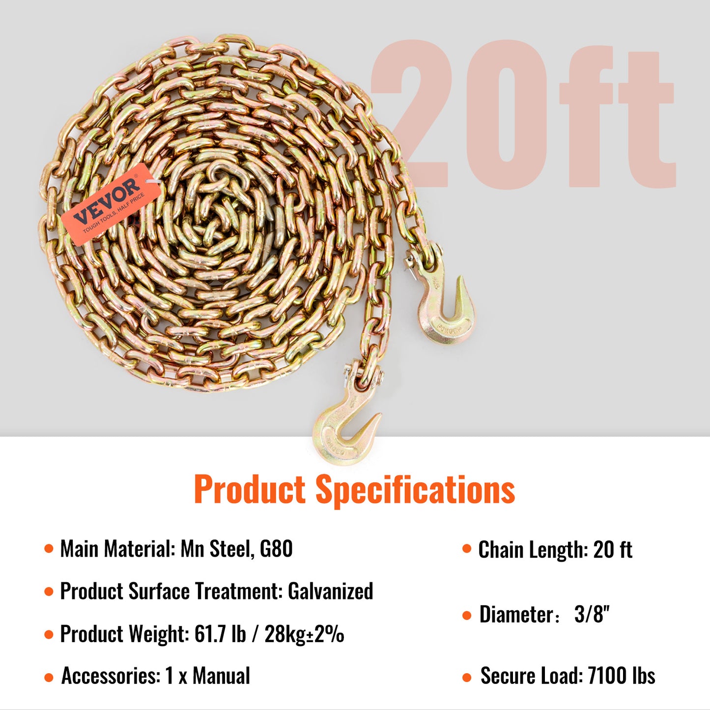 VEVOR Transport Binder Chain, 7100lbs Working Load Limit,G80 Tow Chain Tie Down With Grab Hooks, DOT Certified, Galvanized Coating Manganese Steel For Dock Factory Construction Site, 2 Pack