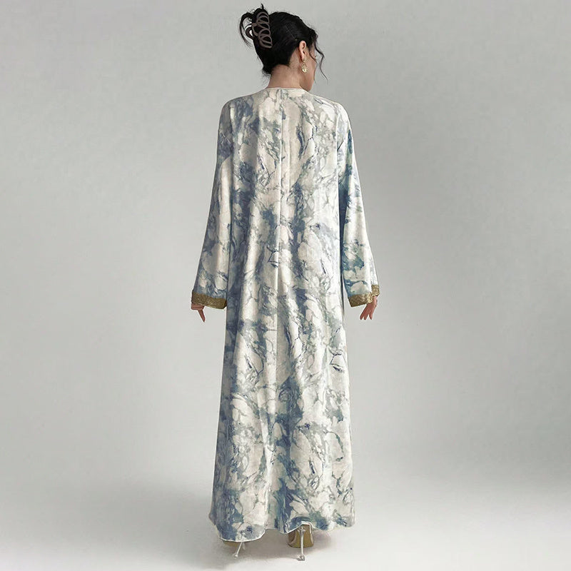 Women's Bohemian Embroidered Printed V-Neck Maxi Dress, Long Sleeve Loose Fit Casual Plus Size