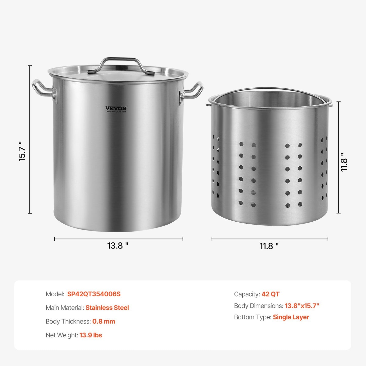 VEVOR Stainless Steel Stockpot, 42 Quart Large Cooking Pots, Cookware Sauce Pot With Strainer, Lid, And Handle, Heavy Duty Commercial Grade Stock Pot, Sanding Treatment, For Large Groups Events Silver