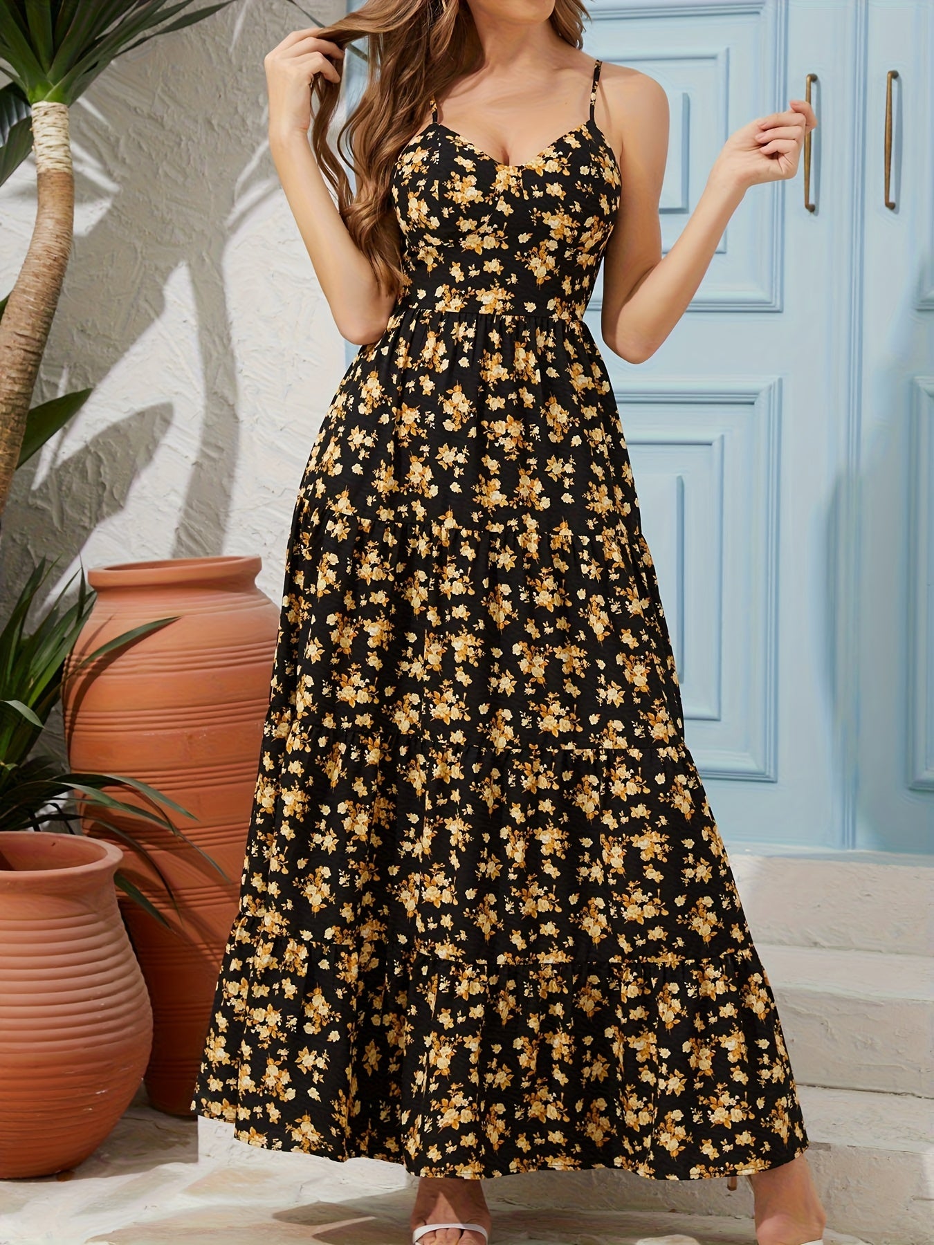 Women's Summer V-Neck Floral Print Strappy Dress Backless Bowknot Flowy Maxi