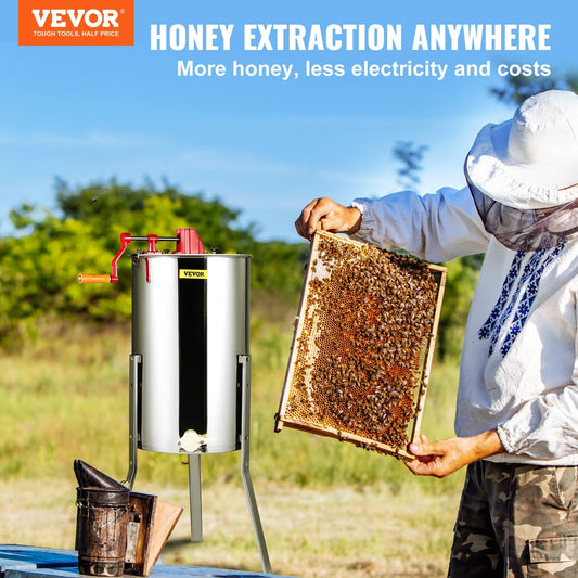 VEVOR Manual Honey Extractor, 3 Frames Honey Spinner Extractor, Stainless Steel Beekeeping Extraction, Honeycomb Drum Spinner With Lid, Apiary Centrifuge Equipment With Height Adjustable Stand