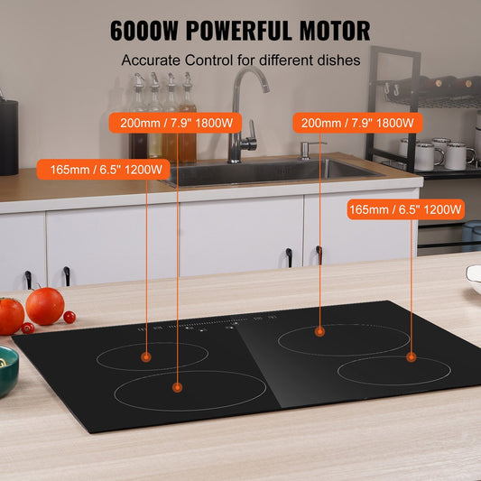 VEVOR Built In Electric Stove Top, 23.2 X 20.5 Inch 4 Burners, 240V Glass Radiant Cooktop With Sensor Touch Control, Timer & Child Lock Included, 9 Power Levels For Simmer Steam Slow Cook Fry