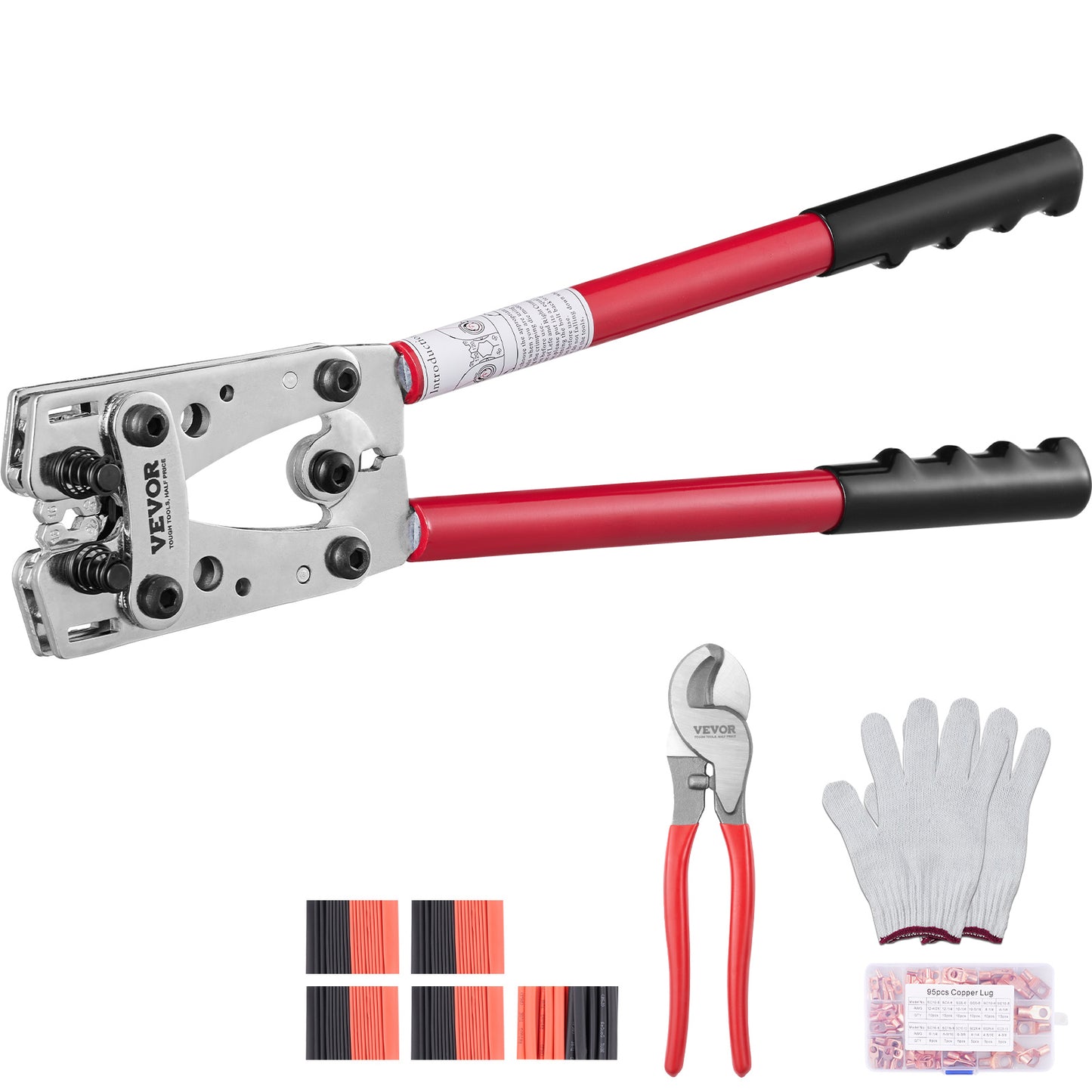 VEVOR Crimping Tool, AWG Copper And Aluminum Terminal Battery Lug Crimper, 6 Wire Sizes Crimping Die, With A Cutting Pliers, Gloves, 95pcs Copper Ring Connectors, And 100pcs Heat Shrink Tubes