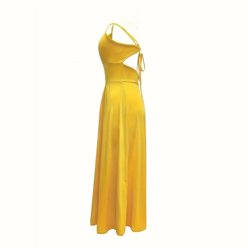 Deep V Neck Maxi Dress Spaghetti Strap Sleeveless Backless High Slit Long